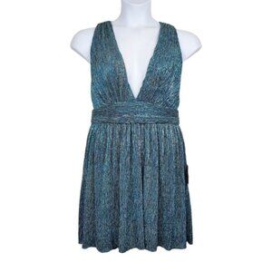 Lulu's Womens Sleeveless Ailey Teal Gold Metallic Skater Dress Size XL NWT